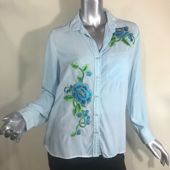 Velvet Heart Women’s Medium Blue Button Front Tunic Top Roll Tab Sleeves - Picture 16 of 16